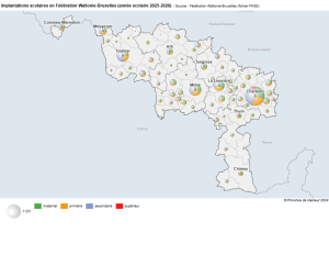 Implantations scolaires par niveau d’enseignement dans les communes du Hainaut en 2025-2026