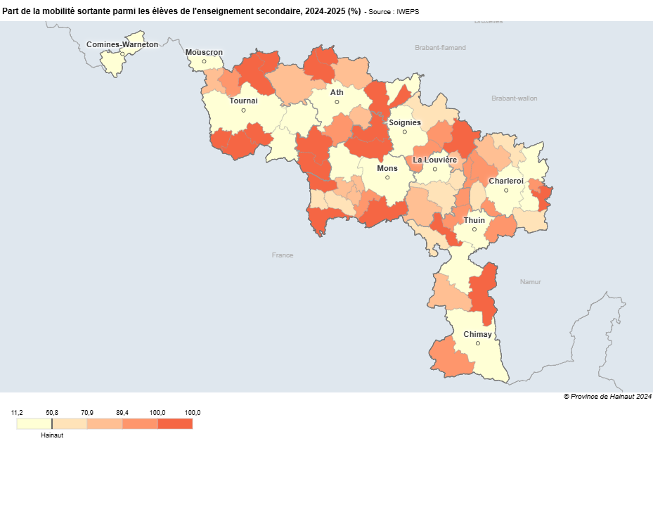 Part des élèves du secondaire étudiant hors de leur commune de résidence en Hainaut en 2024-2025