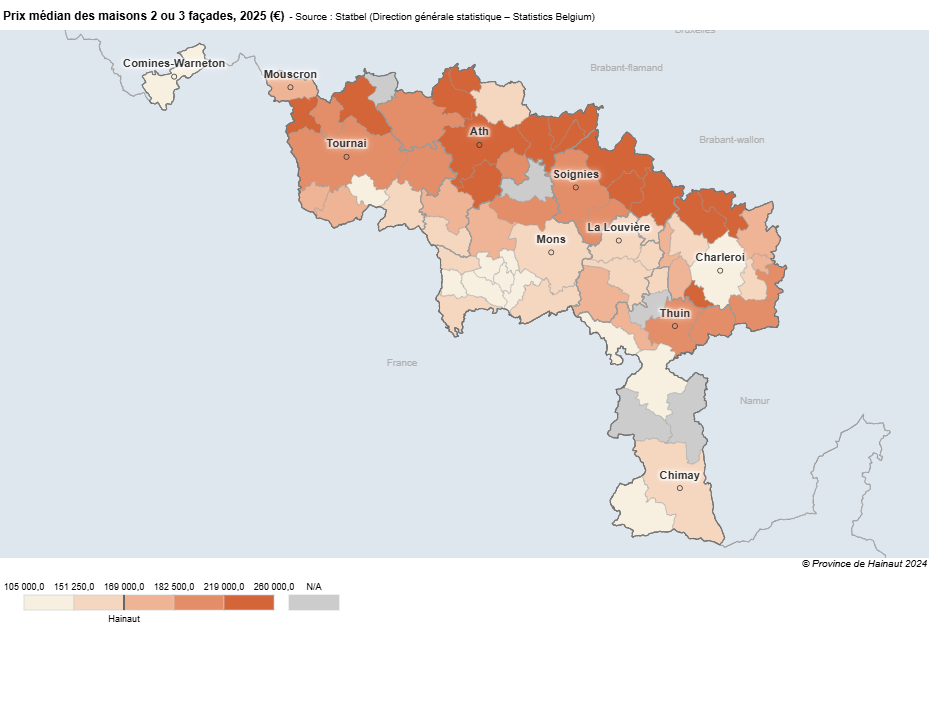 Prix médian des maisons 2 ou 3 façades en 2025